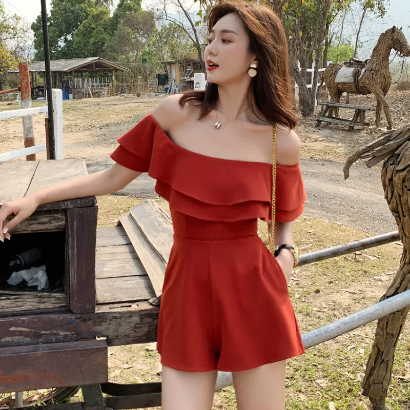 

Summer 2019 Women Jumpsuit Ruffles One Shoulder Pockets Solid High Waist Playsuit Skinny Sexy Office Lady Casual Holiday Beach