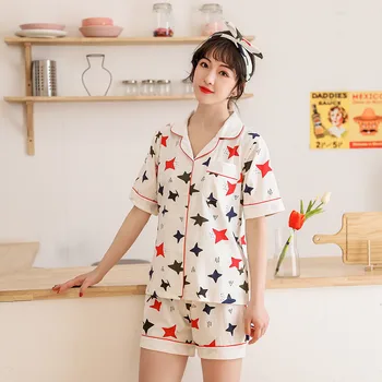 

New Pyjamas Women Summer Cotton Short Sleeve Shorts Pajamas Korean 2-piece Housewear Geometric Printing Pijama Mujer Sexy Pj Set