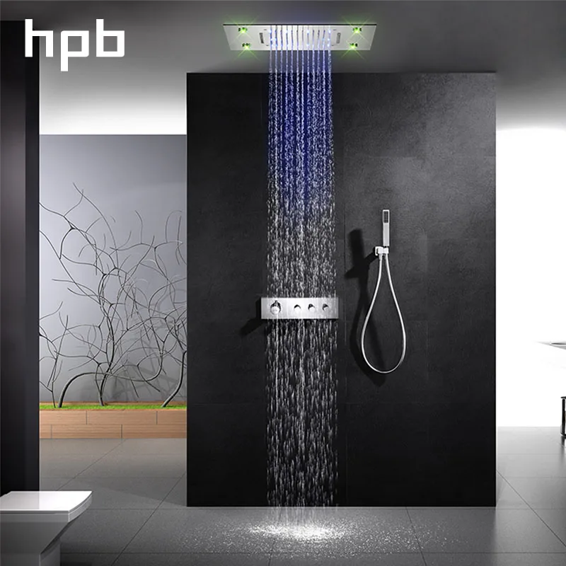

HPB ceiling mounted led 3way rainfall waterfall shower faucets sets with thermostatic 3 function mixing valve 008G-50X36PG-K