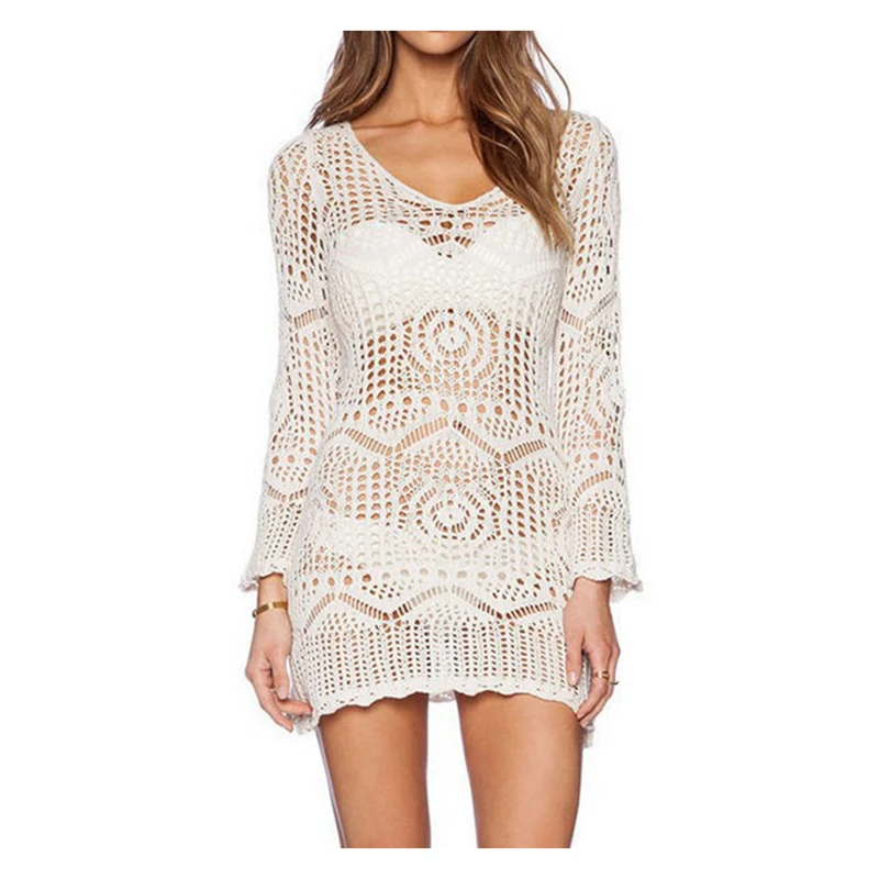 

Women's knitting Crochet Dress Hollowed-out One-necked Slip Dresses Beachwear Cover up