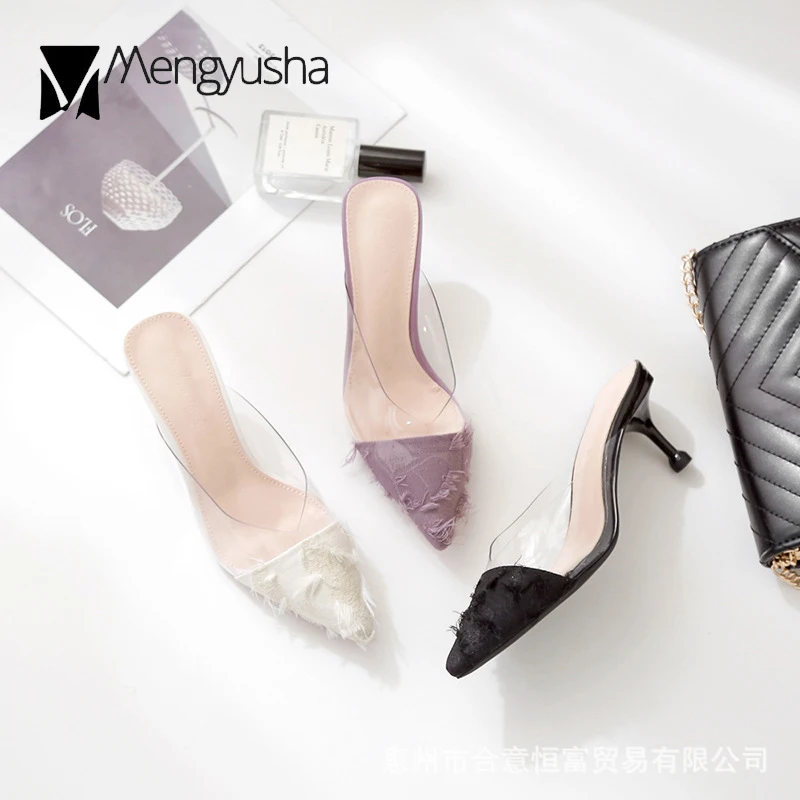 

thin heel crystal mules slippers summer new Korean patchwork shallow slides women casual pointed toe slingback flipflops sandals