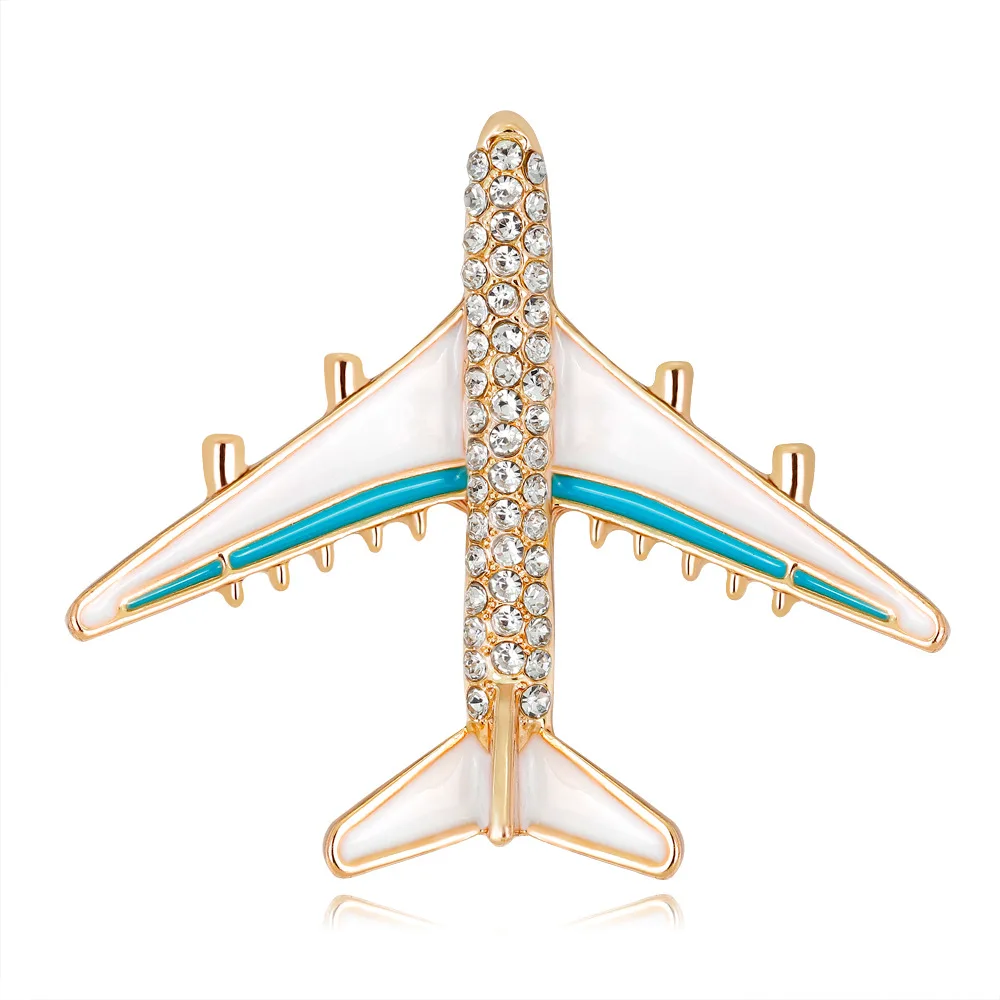 SexeMara Cute Airplane Brooch Pins Enamel Plane Luxury Brand Rhinestone Brooches For Women Men Costumes Aircraft Brooch Jewelry - Metal color: Light Yellow Gold Color