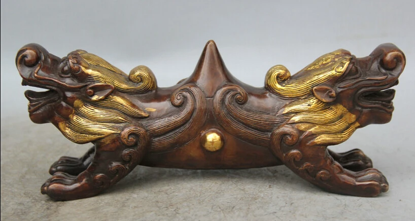 

S1763 10" Chinese Bronze Gild 2 Head Pi Xiu Unicorn Dragon Beast pen rack penholder D0318