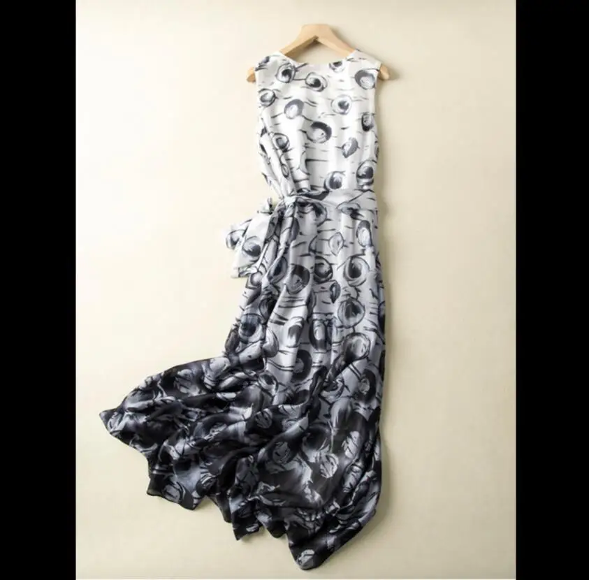 Bogeda/шелковые платья для женщин из натурального шелка; вечерние платья для офисных леди; Длинные вечерние пляжные платья с принтом серого цвета; одежда высокого качества