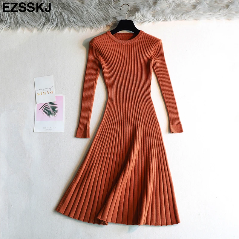 elegant Long sleeve OL O-neck long Sweater dress women Thick knit Autumn Winter dress female Slim A-line basic dress casual pink dress