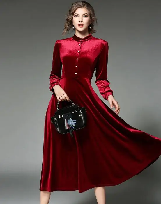 Новинка, женское черное бархатное платье, зимние женские платья, Vestido Longo, длинный рукав, макси, длинные платья для вечеринок, Robe Longue Femme 2470 - Цвет: Красный
