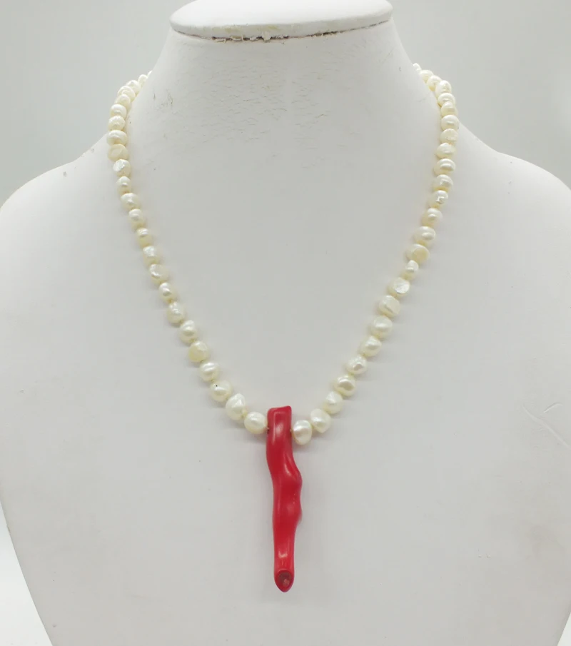 

2018-12.26-1336# 6MM Natural Baroque white pearl necklace. And coral pendant 18"