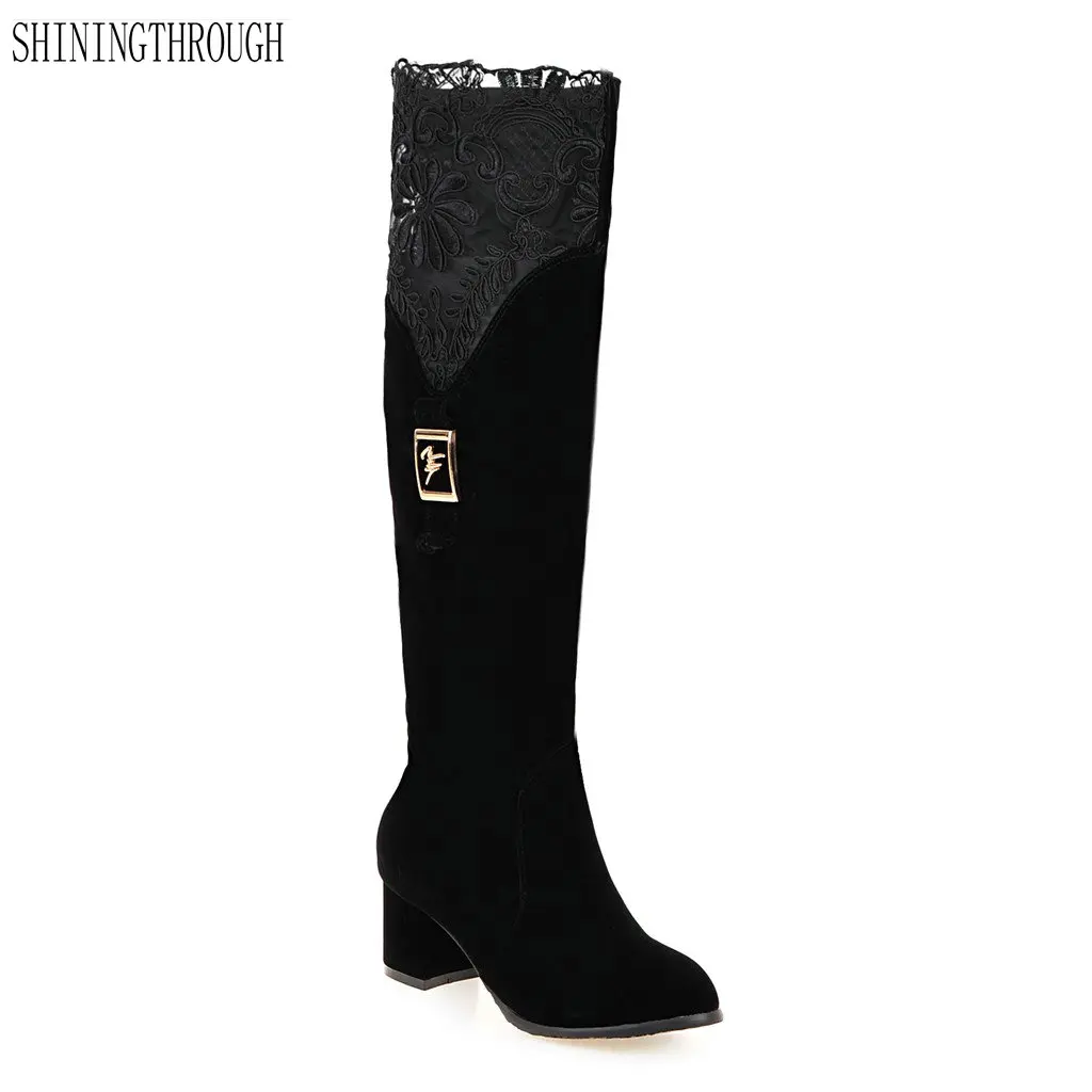 

2018 New autumn winter boots high heels boots woman sexy lace knee high women boots rouned toe shoes woman ladies boots