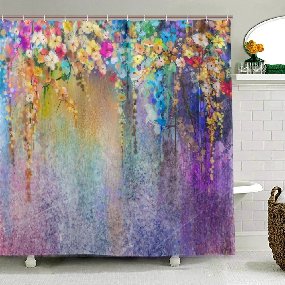 

Watercolor Flower Shower Curtain Abstract Herbs Weed Blossoms Ivy Back with Florets Shrubs Bathroom Curtain Fabric Bath Curtains