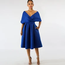 Dawer Me элегантное Плиссированное женское платье с открытыми плечами, v-образный вырез, а-силуэт, белое платье для свадебной вечеринки, длина до колена, миди, королевское синее платье