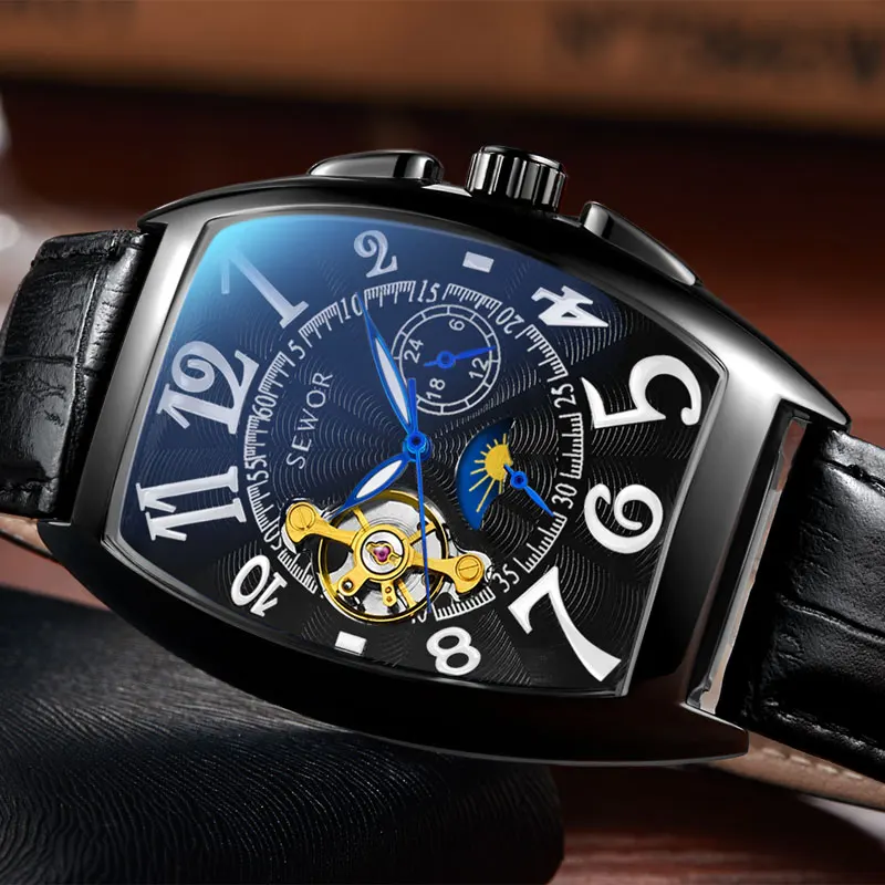 

SEWOR Tourbillon Automatic Mechanical Watch Men Designer Moonphase Square Leather Skeleton Watches Auto Date Business Watch