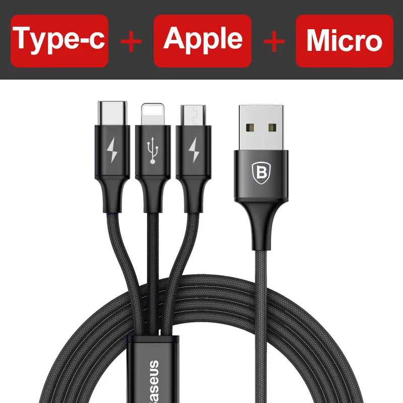 Baseus 3 в 1 USB кабель для iPhone samsung Xiaomi мульти Быстрая зарядка микро USB кабель 2 в 1 мобильный телефон usb type C кабель - Цвет: 3 in 1 Black