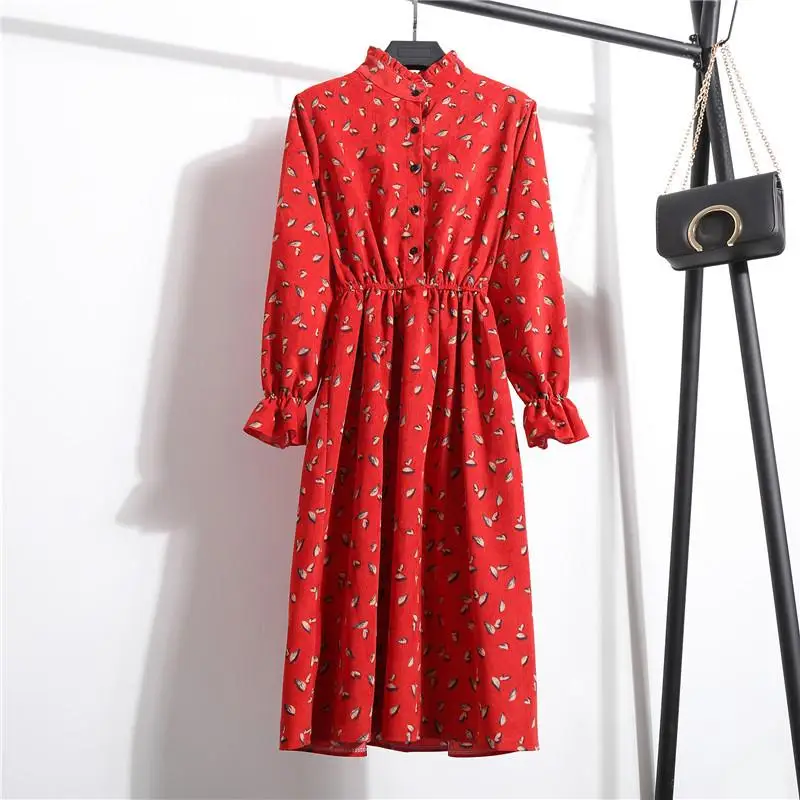 

Autumn Winter Corduroy Dress Vintage Sweet Floral Round Stand Collar Mid-Calf Dresses Long Sleeve Vestido S-XL Size