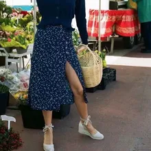 Модные женские миди юбки в горошек, летние юбки с поясом и пуговицами, прямые повседневные юбки с высокой талией