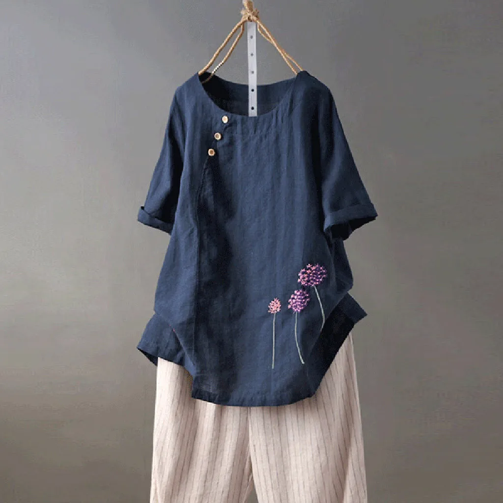 المؤنث بلوزة قميص القطن و الكتان زائد حجم التطريز س الرقبة زر عارضة بلوزة قمم Blusas موهير دي مودا 2019 قميص