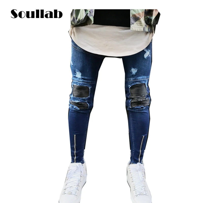 zipper cross men bottom biker jeans white blue denim hip hop streetwear