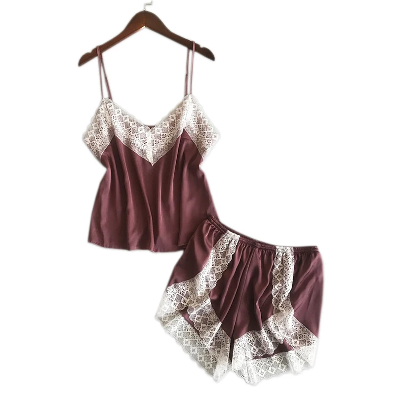 

Sexy lace Satin ice silk short women pajama sets summer spaghetti strap Korea Shorts Sleepwear women pyjamas mujer home clothes