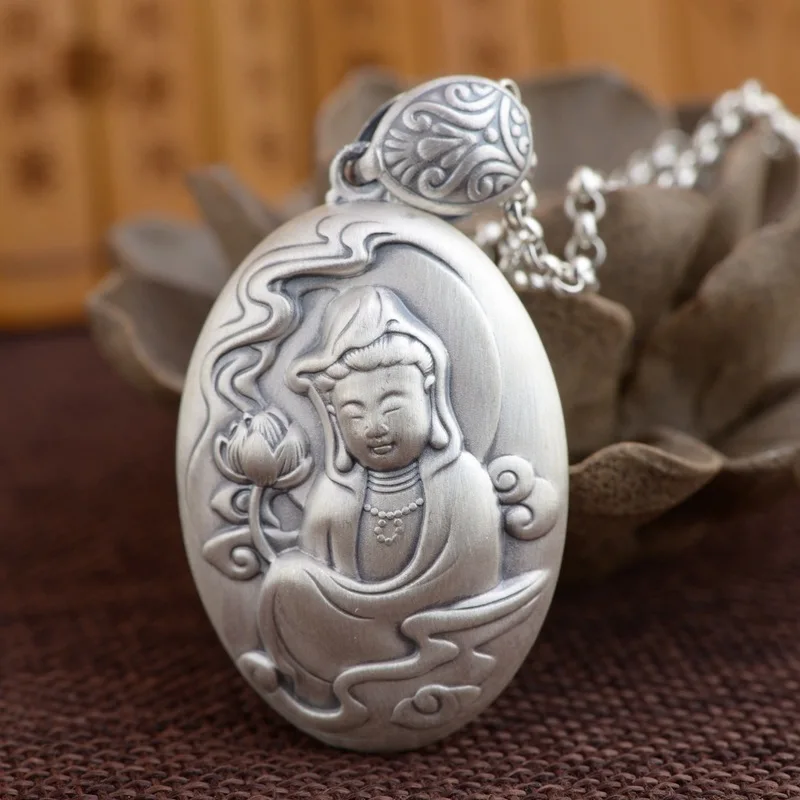 

S990 fine silver Thai silver matte guanyin Buddha pendant Buddhism culture men and women's personality pendant