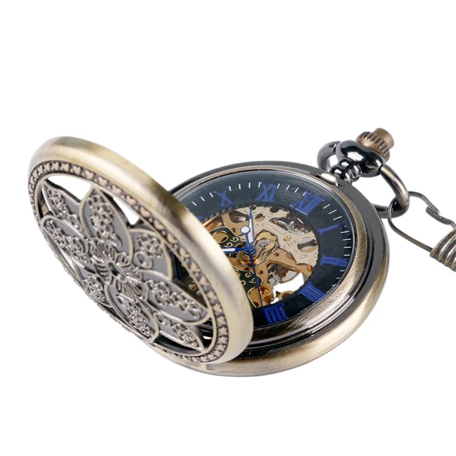  Vintage Lotus Flower Pocket Watch Women Bronze Mechanical Hand-winding Watch Roman Numeral Pendant Hollow Clock Men Gift (5)