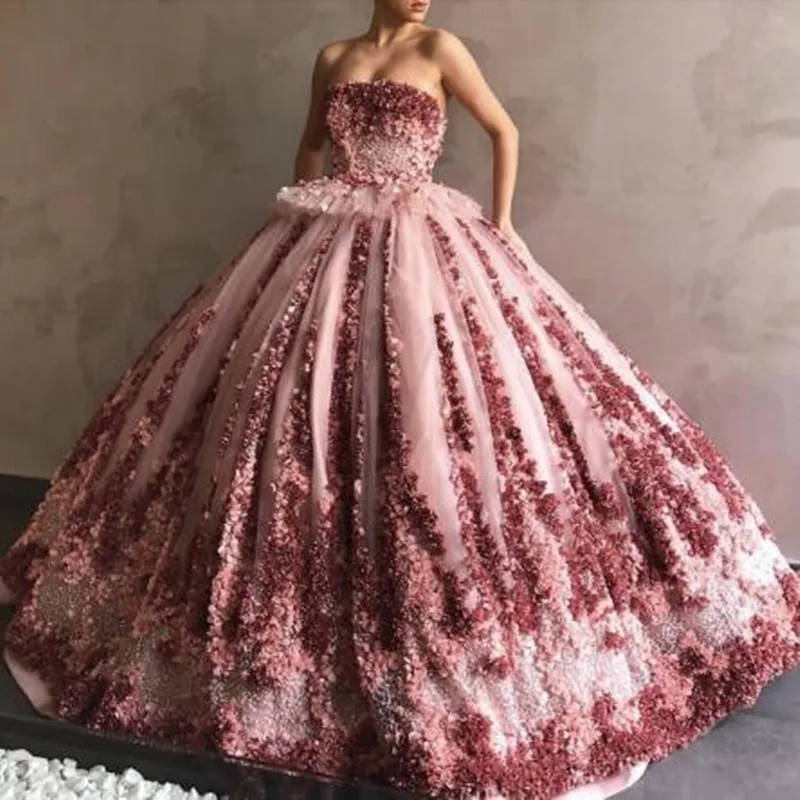Роскошные розовые пушистые Бальные платья с объемным цветком, вечерние торжественные платья, саудовская Арабская шикарная Многоуровневая гофрированная юбка для выпускного вечера, Abendkleider на заказ