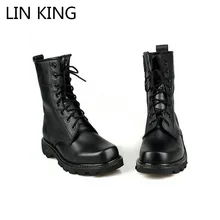 LIN KÖNIG Neue Männer Motorradstiefel Schwarz PU Warme Wolle Winter schnee Stiefel Lace-up High Top Stahl Runde Zehe Militär Stiefel Schuhe