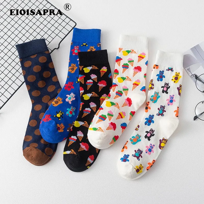 Новые забавные носки из чесаного хлопка креативные Harajuku парные Носки с рисунком мороженого медведя повседневные нескользящие носки в стиле хип-хоп