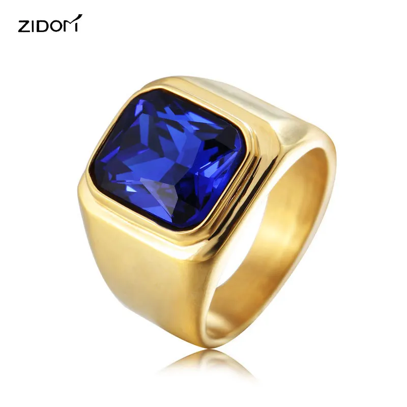 

New Gold color Men Hiphop Blue Gem Rings High quality Stainless Steel with CZ stone fashion simple Male luxury ring jewelry