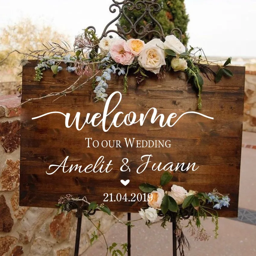 Description Picture 5 of itemWedding Ceremony Welcome Sign Wall Sticker Custom Bride Groom Names Vinyl Decal Wedding Board Mirror Murals Décoration AZ841
