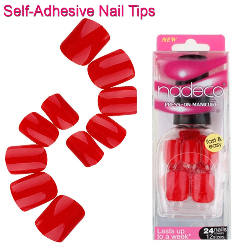 12Sets Full Cover Red Self Adhesive Fake Nail Polish Tips Colorful