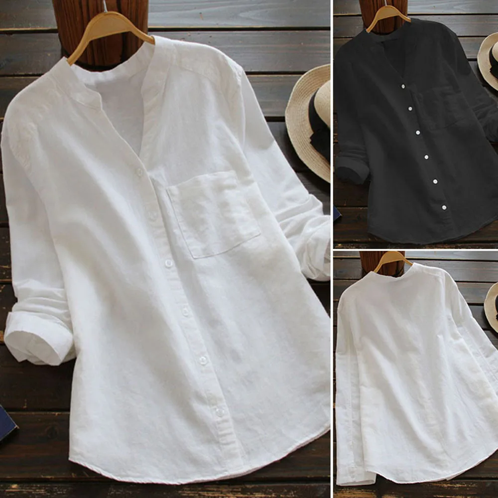 

Women Cotton linen Casual Solid Long Sleeve solid color Korean version Shirt Button Down Tops ropa coreana mujer#30