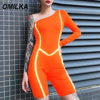

OMILKA Neon Green Orange One Shoulder Reflective Striped Playsuits 2019 Summer Women Long Sleeve Sporty Active Short Rompers