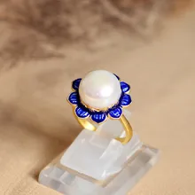 S925 silver Cloisonne jewelry wholesale pearl ring new female flower
