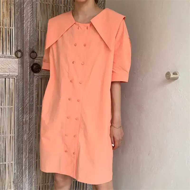 

HziriP 2019 Summer New Women Chic Vintage Double Breasted Elegant Simple Fresh Loose Casual Solid Straight Orange Dresses