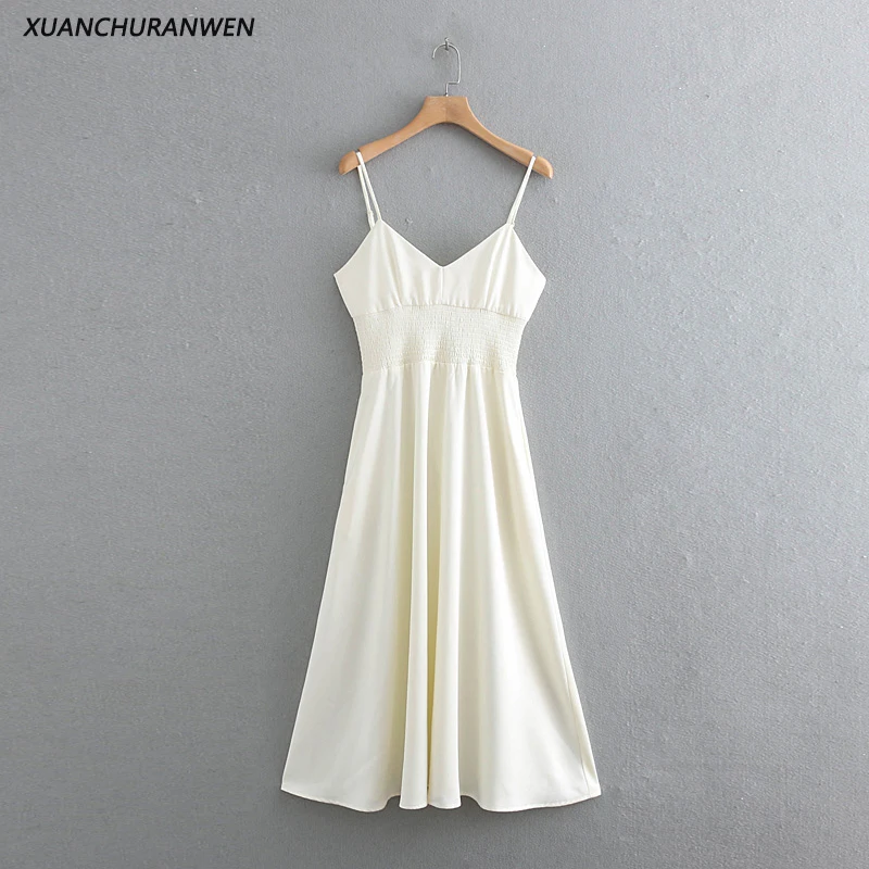 

Summer Spaghetti Strap High Waist A-line Dress Elegant Women Party V neck Sexy Mid Calf Beach Vacation Backless Dress NX8782