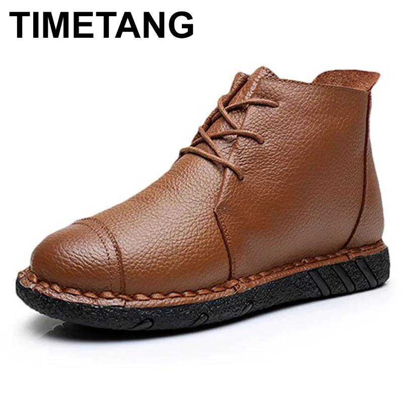 Chaud De Bottes Chaussons Plat Noir Timetang En Femmes Vintage Véritable Style Cheville Cuir rouge Chaussures Peluche Hiver marron 66Pq8SY