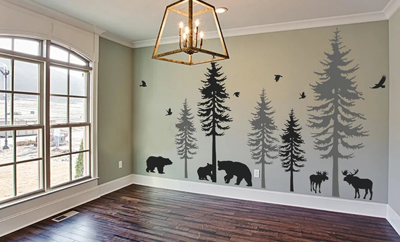 Огромные сосновые деревья с птицами, настенные наклейки, виниловые наклейки для детской комнаты, детский настенный художественный декор с изображением природы, Лесной лес, большая наклейка на стену