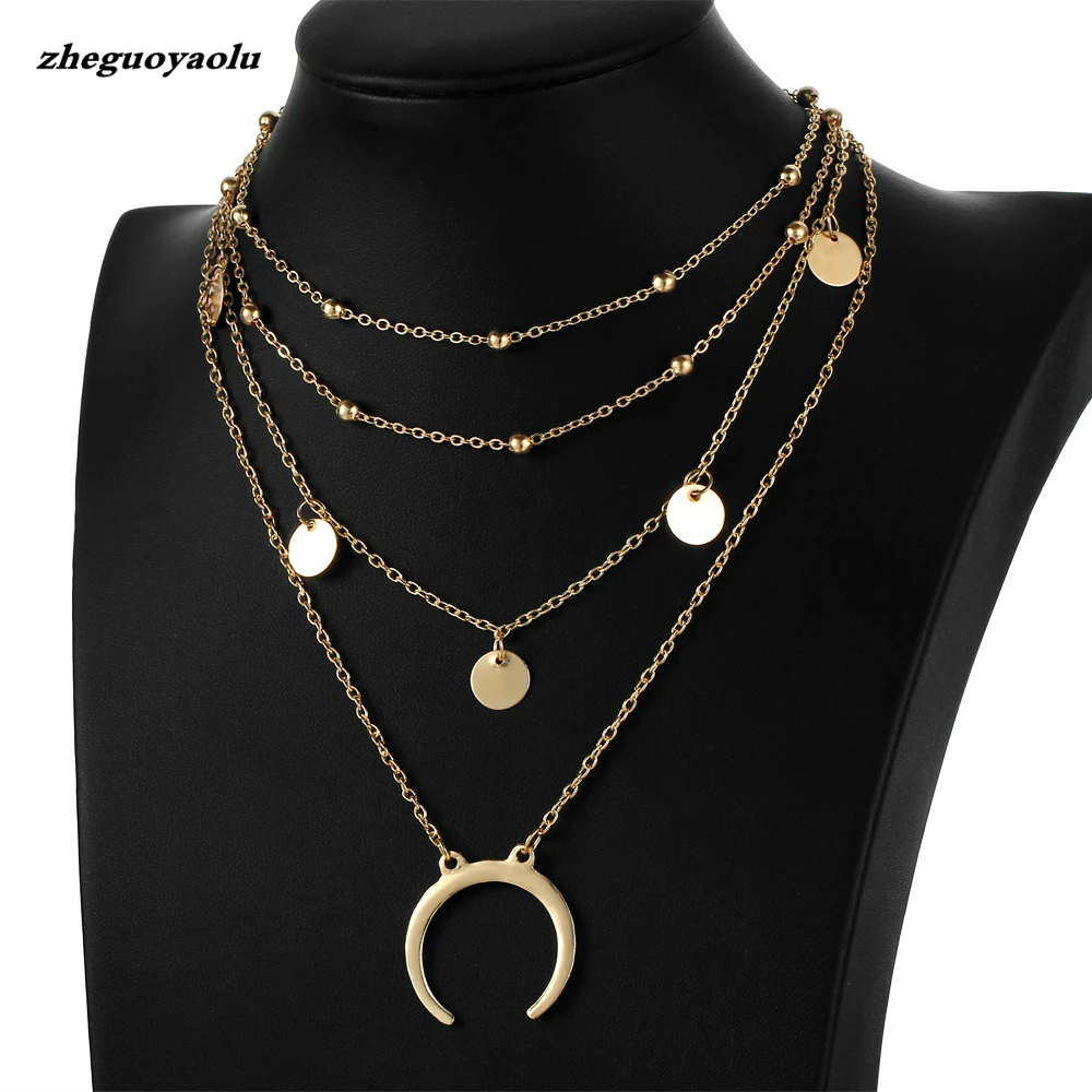 

2017 Vintage Bijoux Handmade Necklace Bohemian Multilayer Sequins Moon Crescent Chokers Necklaces For Women Gargantilha