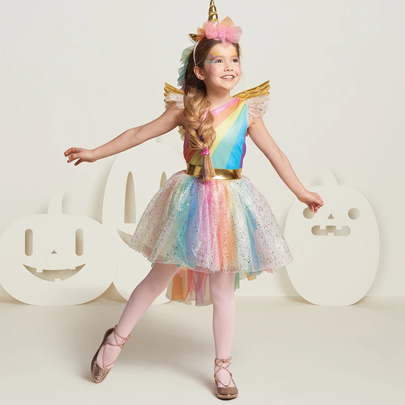 

Girls Rainbow Unicorn Costume Unicorn Party Dress with Unicorn Headband And Wings for Christmas,Birthday, Halloween Party
