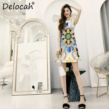 

Delocah Women Spring Summer Dress Runway Fashion Designer Sleeveless Gorgeous Crystal Printed Elegant Slim Ladys A-Line Dresses
