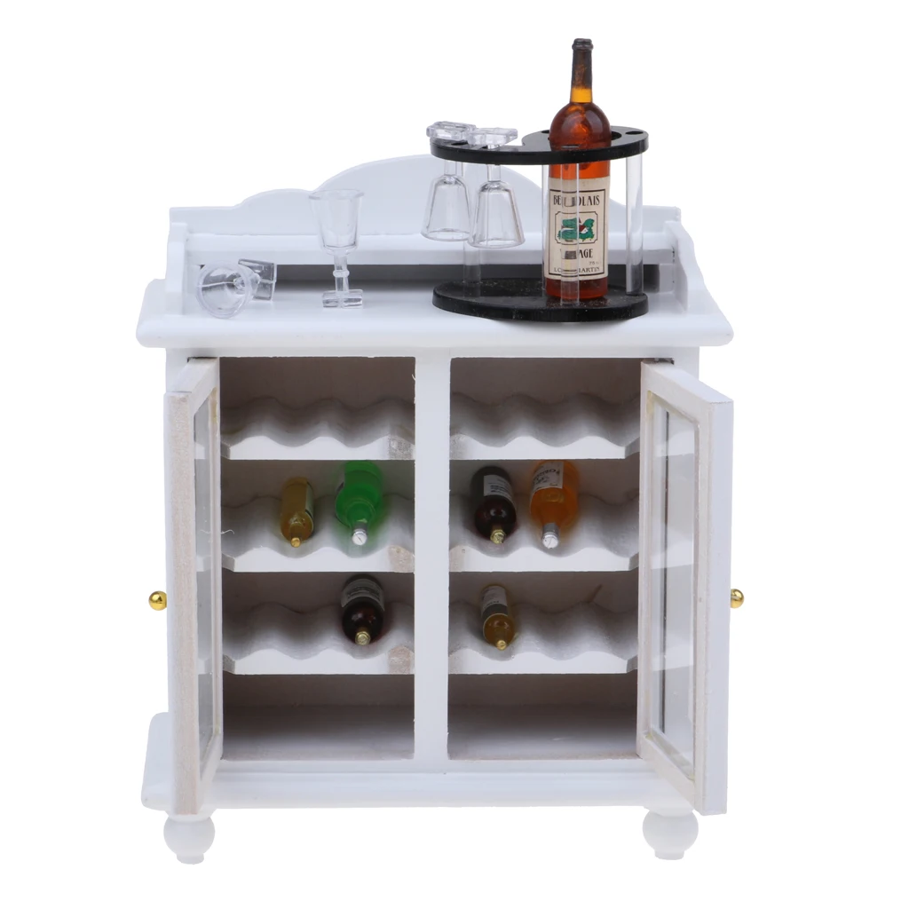 1/12 Dollhouse Miniature Wooden Wine Cabinet & Wine Rack & Cups Model Set Room Furniture Accessories