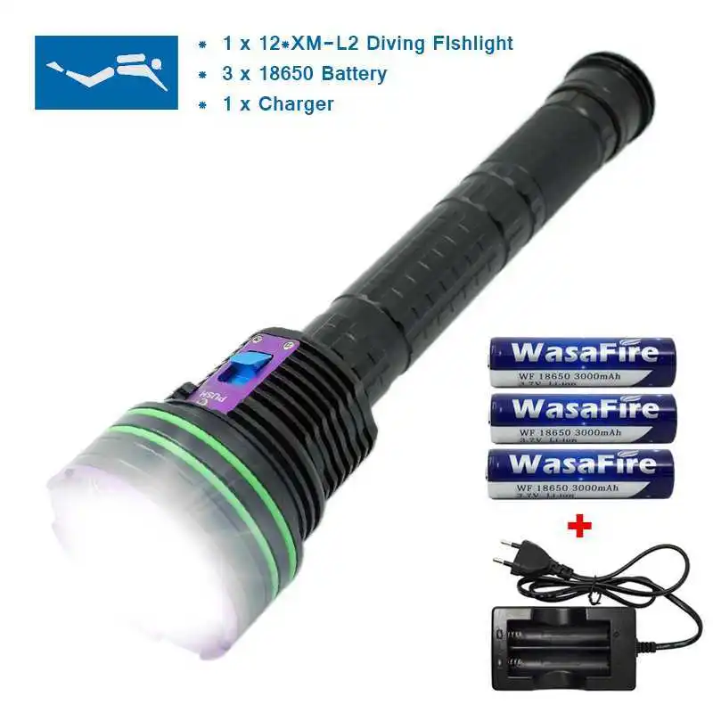 

LED Diving Flashlight 12 x XM-L2 20000Lumen Flashlight Linternas Underwater Waterproof Lamp Torch Have Battery 18650 and Charger