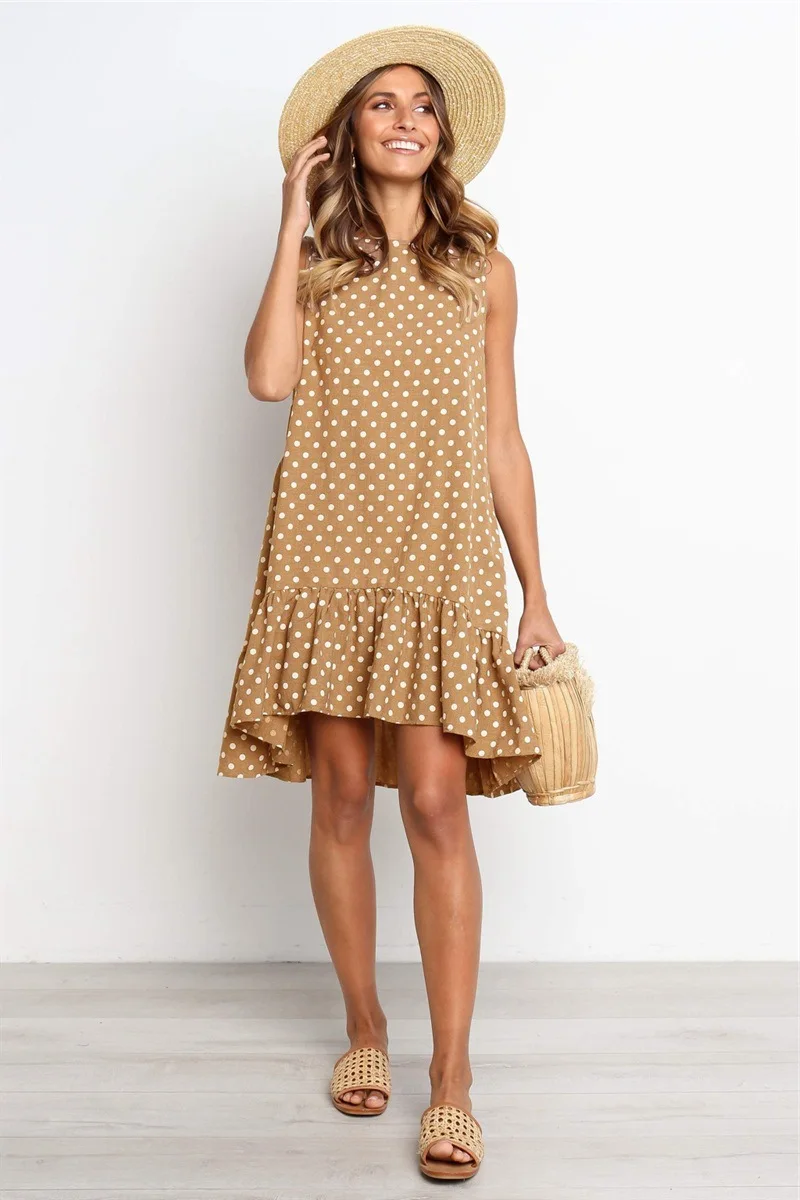 

Dot Print Ruffles Casual Loose Sleeveless Dress 2019 Summer Women Fashion Sweet O Neck Knee Length Beach Dress Vestidios Female