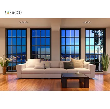 

Laeacco Photography Backdrops Modern Living Room Sofa Window City Night Scenic Interior Photocall Photo Background Photo Studio