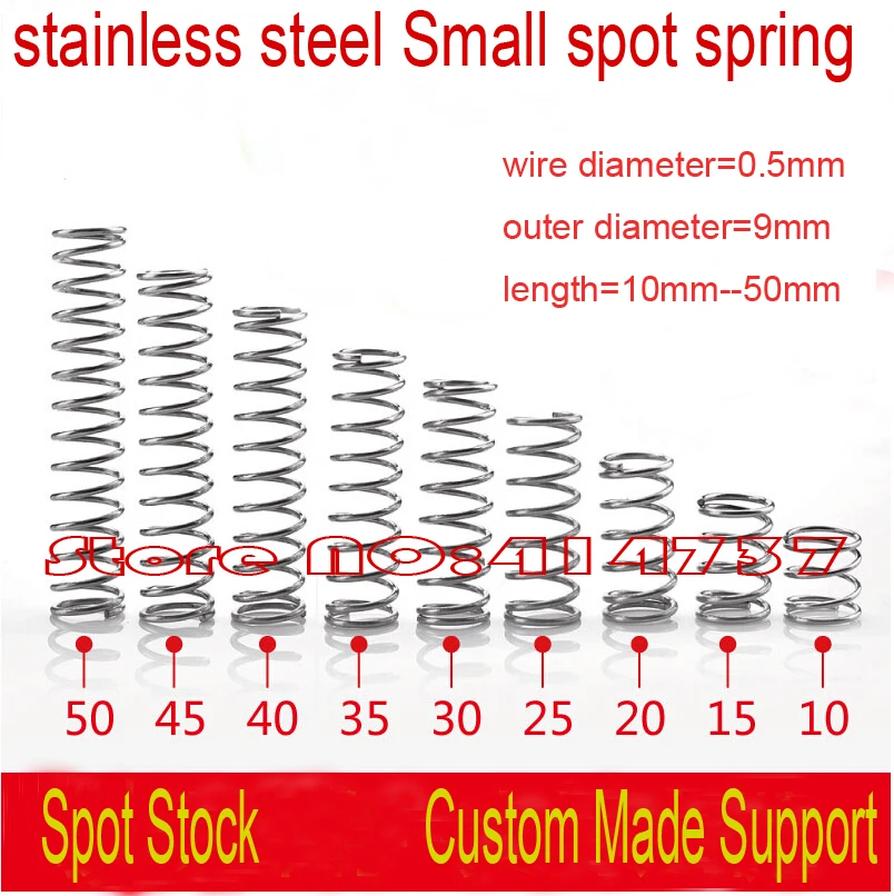 

50pcs 0.5*9*10--50mm stainless steel Small spot spring 0.5mm wire micro spring compression spring pressure spring OD=9mm