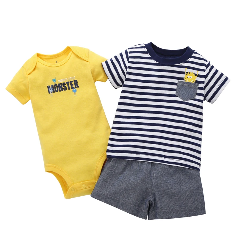 Newborn Toddler baby boy clothes 2018 summer casual short sleeves stripe T-shirt Tops+letter print romper+shorts 3pcs set cotton
