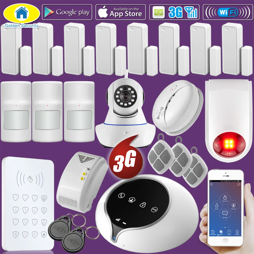 Golden Security 3G WCDMA GSM WIFI Home Alarm System Wireless Security Pet Immune PIR Door Window Sensor Alarm APP Control Golden Security 3G WCDMA GSM WIFI Home Alarm System Wireless Security Pet Immune PIR Door Window Sensor Alarm APP Control