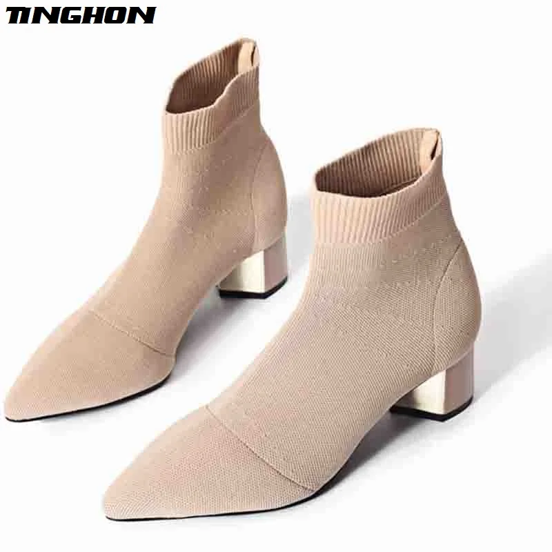 

TINGHON New Autumn Fashion Sexy Knitted Elastic Socks Boots Medium Heeled Short Boots Women Point Toe 4.5cm heel Ankle Boots