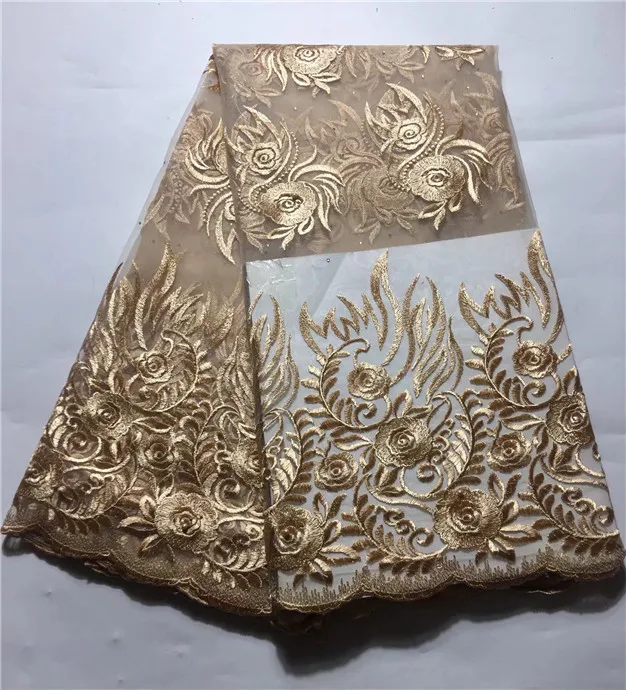 

2019 Nigerian Lace Fabric Bridal Fashion Stone African French Lace Fabric 5Yards Tulle Mesh Net Lace Materials Gold Color(JY-219