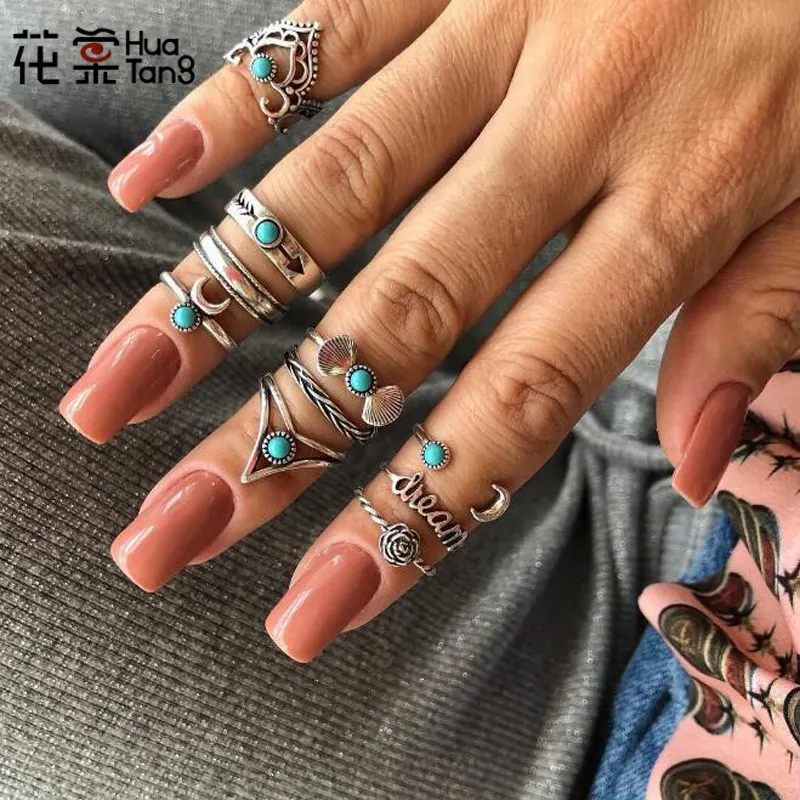 HuaTang Antique Silver Color Moon Crystal Ring Knuckle Wedding Set Green Rhinestone Steampunk Anillos Anel Jewelry 6425 | Украшения и