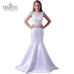 Qsyye 2018 белый длинный Русалка платья для выпускного вечера; Robe De Soiree Мода из двух частей кружевной топ развертки поезд атласная Вечеринка